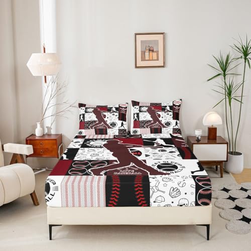 Image of Castle Fairy Patchwork Baseball Fitted Sheet King Size with 2 Pillowcases,Sports Geometric Grid Red Bed Sheet Set,Baseball Player Top Flat Sheet Luxury Microfiber Breathable