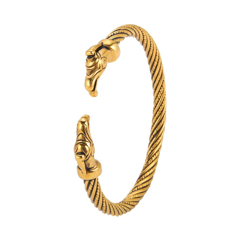 Amaxer Brazalete abierto de acero inoxidable con diseño de cabeza de lobo de Odin Raven Crow Dragon de Viking Nordic Fenrir Strong Amulet Jewelry Protection para hombres y mujeres
