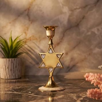 House of Wemy Star-Shaped Brass & Mother of Pearl Candle Holder for Taper Candles | for Home Decor, Bedroom, Living Room Decor, Table Centerpieces & Festival Decoration 8x8x17 cm