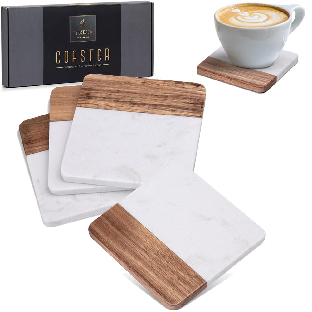 TKNOCoasters - Marble Coasters Set of 4 | Luxury Handmade Anti-Slip White Marble & Brown Wood Coasters for Kitchen, Dinning, Bedroom, Living Room, for Women Men for Cups Mugs, Tables & Home Decor 4"