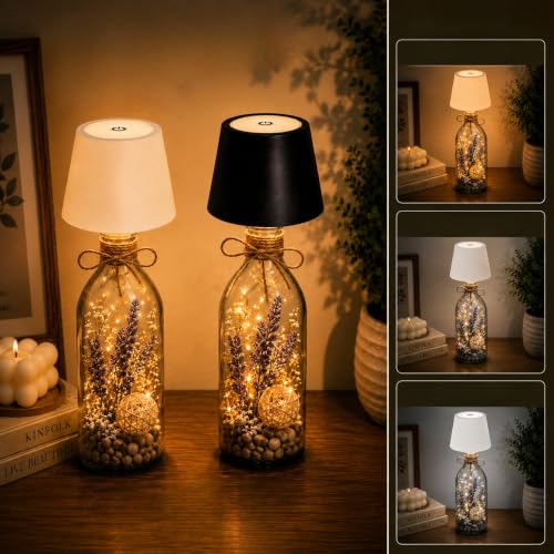 Image of ANKRI Wireless Bottle Lamp Combo LED 3 Colour Tones with Dimming | Touch Sensor On /Off | Night Light Lamp for Cafe Restaurant Home Living Room | 15 cm | USB Rechargeable | Black & White | Pack of 2