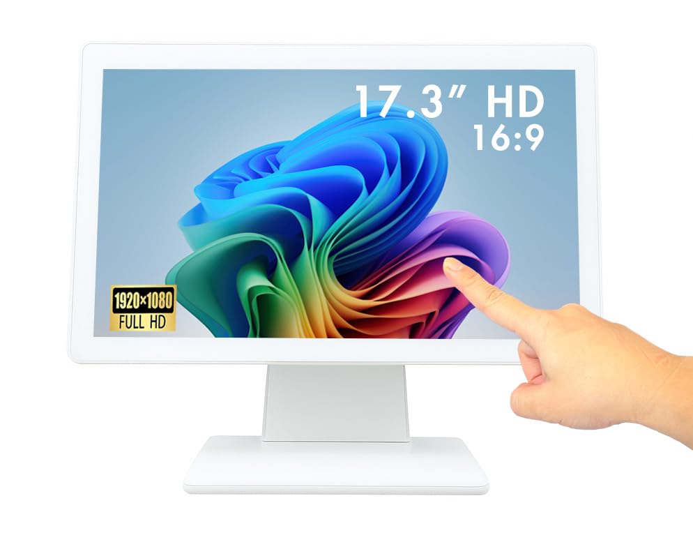 Image of Commercial Grade 17.3 Inch 1920 x 1080 FHD Touchscreen POS Monitor, 10 Points Touch HDMI VGA, Waterproof Dustproof Screen, Indusitrial, Office, Retail, Gym, Warehouse (White)