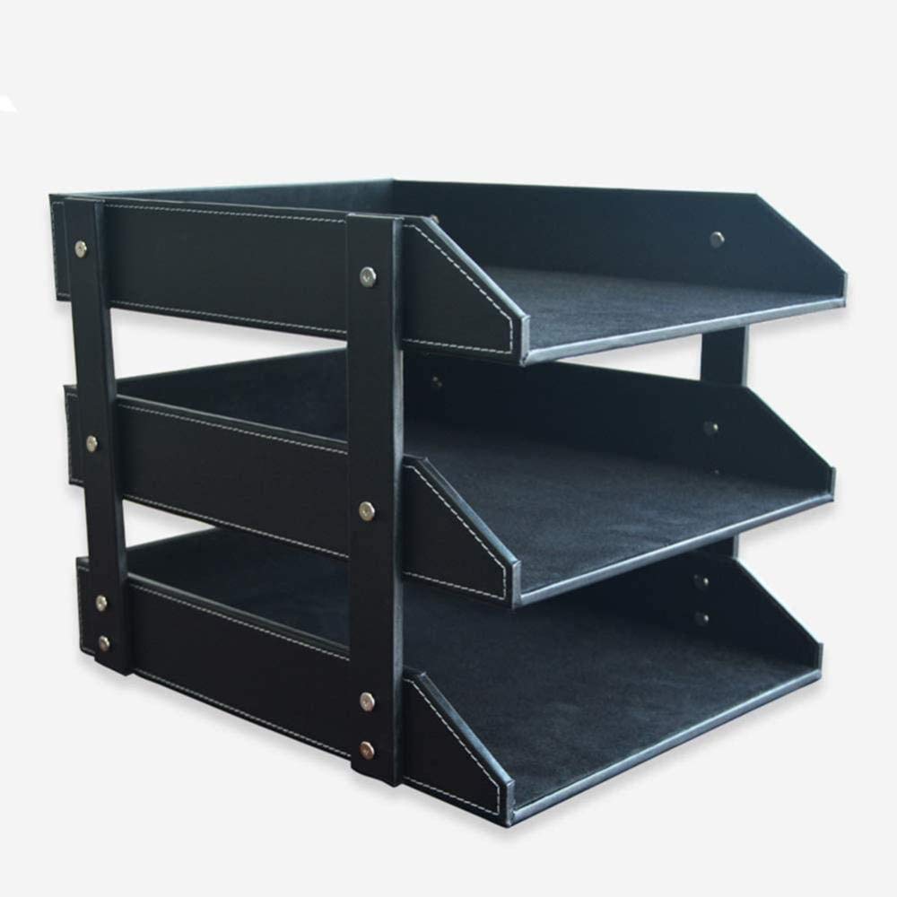 Organizador apilable de 3 niveles con acabado de piel sintética de madera en marrón y negro