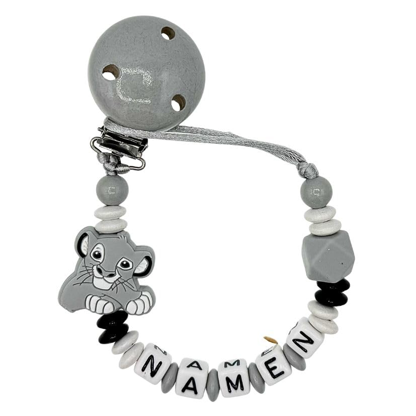Generisch Set Nuckelkette + Kinderwagenkette mit Namen LÖWE Hellgrau Weiß Schwarz/Baby/Unisex/Personalisiert/HANDMADE