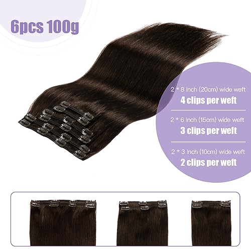 Sindra Clip In Hair Extensions-Dark Brown 16 Inch 100g 6pcs Double Weft Straight-Clip in Extensions Real Human Hair #2,16" - Image 3