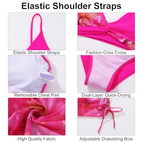 Girls Swimsuit 3 Piece V Neck Tropical Criss Cross Bikini Bathing Set Quick Dry Tankini with Drawstring Beach Skirt 7-16T4