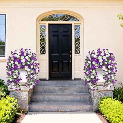 Image of Bassion 2 Packs Artificial Hanging Flowers for Outdoors, Purple White