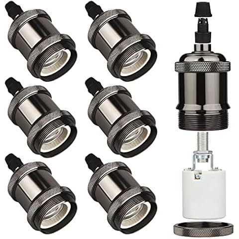 E27 Vintage Light Socket, 6 Pcs E27 Solid Socket Ceramics Lamp Holder, Rated 4A 250V Retro Edison Screw E27 Lamp Holder, for DIY Pendant Light Bulb Socket Adaptor (Gloss Black-Pack of 6 Cover