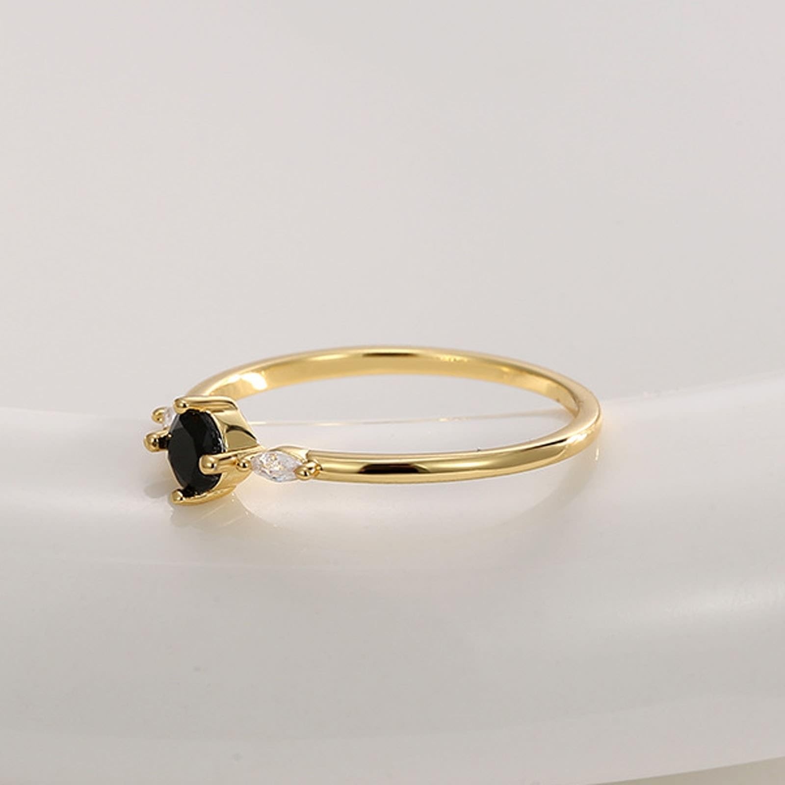 9 Karat/14 Karat/18 Karat Gelbgold Zierlicher Ring Achat Schwarz, Verlobungsring Schwarzer Runder Onyx