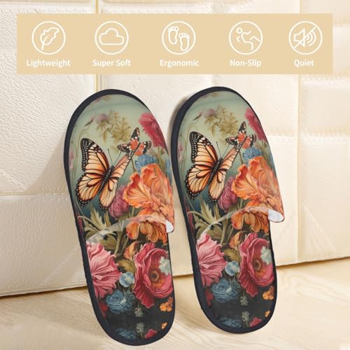 Flowers and Butterfly printing Fall Winter Fuzzy Slippers Comfy House Shoes,Portable for Hotel Travel Gifts for Women and Men4