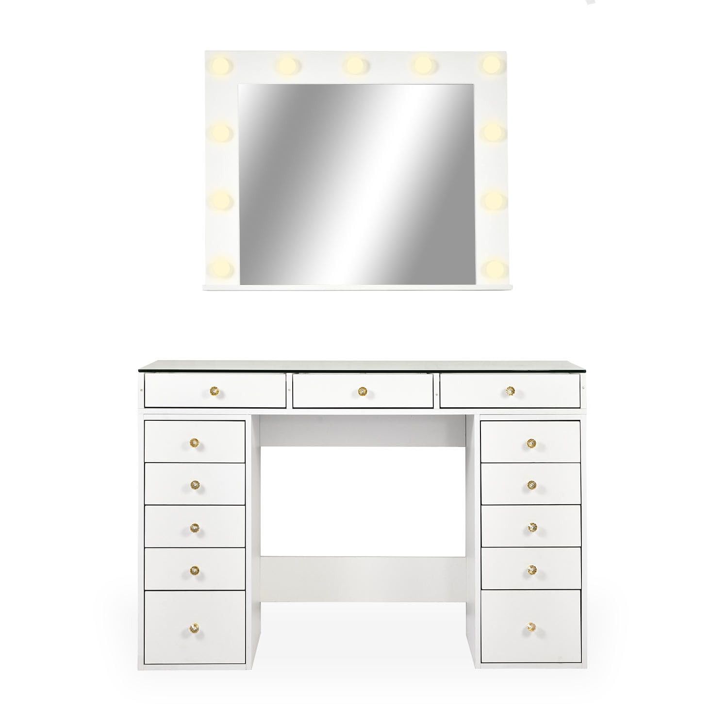 Menzzo Coiffeuse Probeauty 120 cm avec Miroir LED Lumineux – 13 tiroirs – Plateau en Verre – Table de Maquillage Design Moderne avec Grand Rangement – Meuble Coiffeuse Blanc