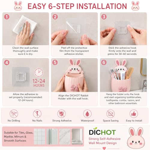 Image of Cute Rabbit Wall Mounted Toothbrush Holder | Self-Adhesive Bathroom Organizer for Toothbrush Toothpaste Comb & Cosmetics | Cartoon Bunny Storage Pocket for Kids Bathroom Accessories (Pack of 2)