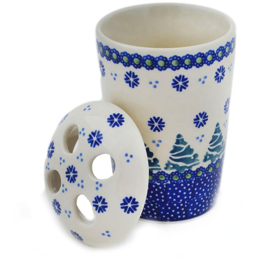 Authentic Polish Pottery Toothbrush Holder in Falling Snowflakes Design Handmade in Boles?awiec Poland + Certificate of Authenticity