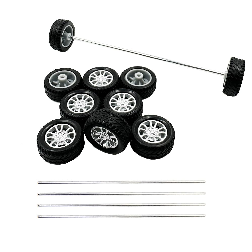 10PCS Small Toy Car Wheels 20mm Model Car Rubber Tire Wheels with 5PCS Shaft Round Axles for for DIY Model Toy RC Car Truck Robot Wheel Replacement Accessories (2x20mm) — image 1