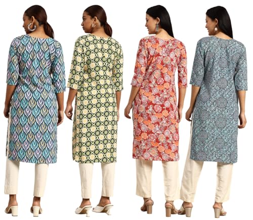 Image of JAKHANA Women's Crepe Printed Casual Straight Calf Length Round Nick Kurta Pack of 4
