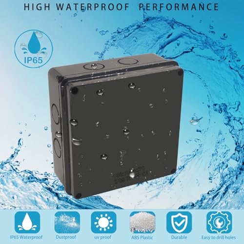 IP65 Outdoor Waterproof Junction Box with Reserved Holes Black ABS Electrical Enclosure 5.9"x5.9"x2.8"