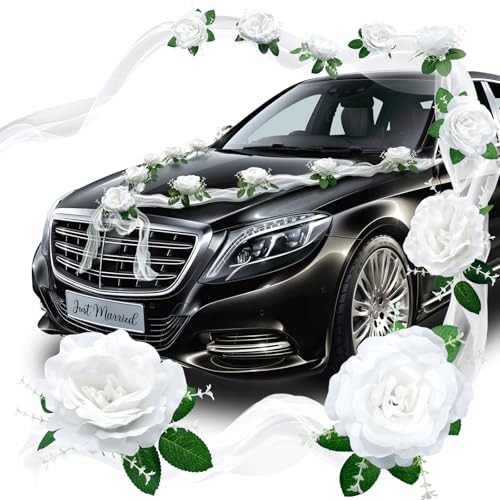 Dusor Autoschmuck Hochzeit Deko Autoschleifen Hochzeit Auto Deko Hochzeitsdeko Autoschmuck Hochzeit Motorhaube Braut Paar Rose Deko Blumenschmuck Auto Wedding Deko Girlande für Hochzeit Party