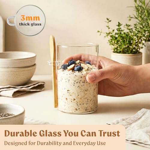 Image of EDELHAUS Overnight Oats Containers with Lids - Glass Mason Jars, Meal Prep | Bamboo Wood, Airtight Silicone Seal Set of 4 - Includes Spoons, 40 Labels for Chia Pudding, Yogurt, Cereal, Oatmeal