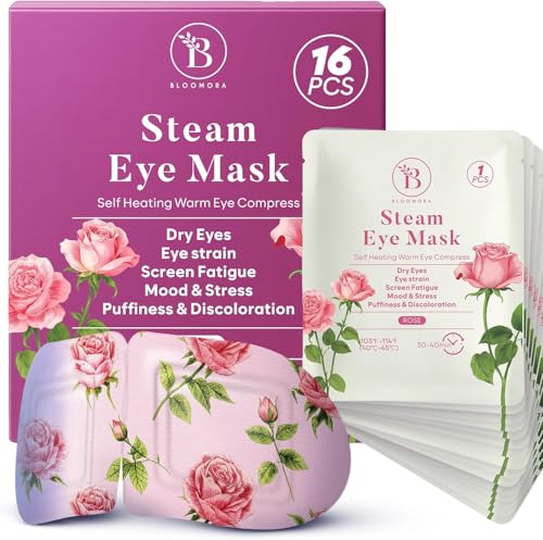 Lot de 16 Masque Chauffant Yeux à la Rose – Masque Chauffant Vapeur pour Relaxation, Patch Yeux Secs, Poches et Fatigue – Compresses Auto-Chauffantes Jetables pour le Sommeil et les Voyages
