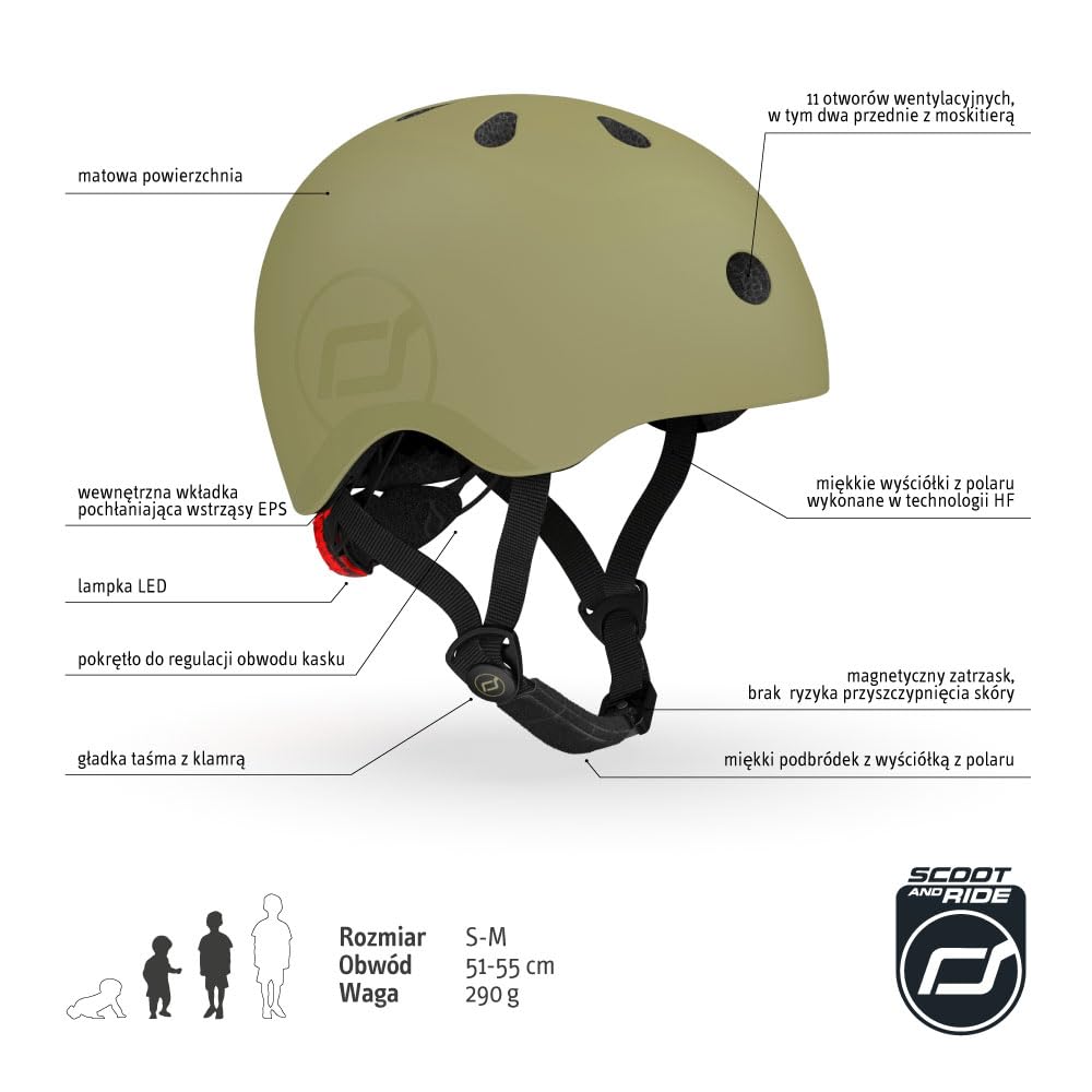 Scoot and Ride & Kid - Casco Small-Medium fino a Small (51-55 cm), vestibilità regolabile, design leggero, traspirante, fibbia magnetica, certificazione di sicurezza, verde oliva