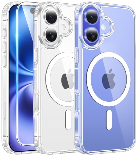 Image of FNTCASE for iPhone 16 Plus Case: Clear Magnetic Phone Cases with Screen Protector Compatible with Magsafe Slim Anti Yellowing Rugged Shockproof Protective Transparent Cell Phone Cover (A-Clear)