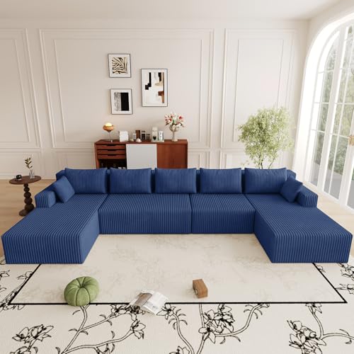 Image of 160 inch W Modular Sectional Sofa,Modern U-Shaped Cloud Couch with Deep Seat,Comfy Corduroy Sofa for Living Room,No Assembly (Blue)