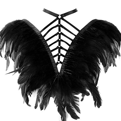 Feather Harness Caged Bralette Strappy Top Body Cage Plus Size Burning Man Goth Fetish Art Clothing (Black)