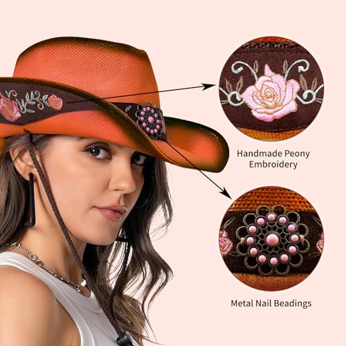 Image of Cowboy Hats for Women, Brown Cowgirl Hats Classic Straw Western Hats for Women Music Festival Party Beach.