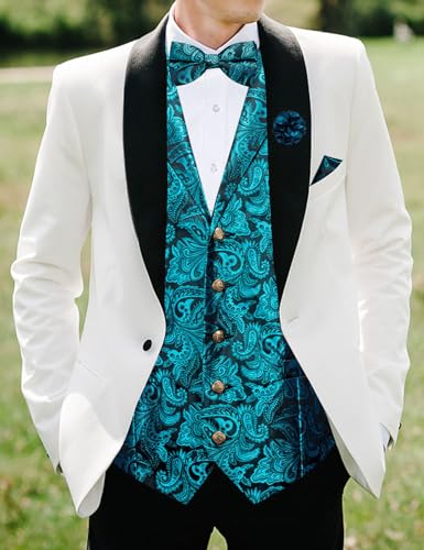 DiBanGu 5PCS Men's Suit Vest and Bow Tie Pocket Square Cufflinks Lapel Pin Set Shawl Collar Paisley Waistcoat Wedding Party4