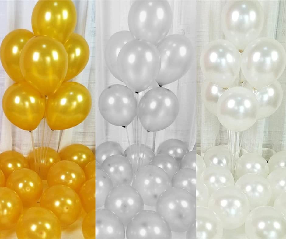 Flyloons Golden Silver White Balloons Pack of 100 for birthday decoration items also suitable for Anniversary, Wedding, Celebration, Party