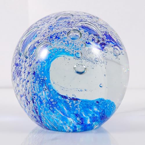 Qianwei Hand Blown Ocean Waves Crystal Ball - Glass Collectible Figurines Spere - Paperweight Glass Ball Aquarium DecorOffice Decor Ocean Lovers