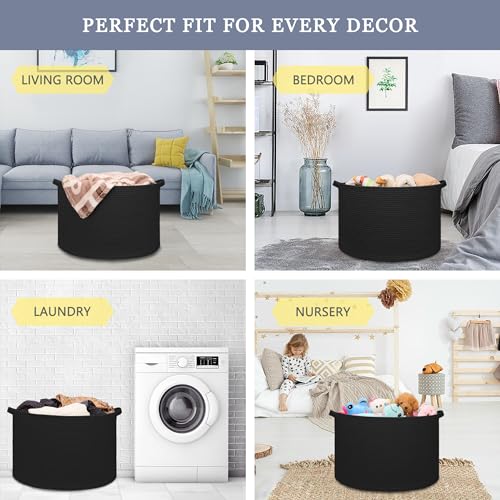Image of Extra Large Blanket Basket 87L, Laundry Hamper, Baby Nursery Hamper for Storage Toys Clothes Towels, Large Cotton Rope Laundry Basket for Girls Boys, 22 inchx 14 inch, Black