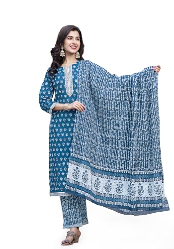 Image of MIRCHI FASHION Pure Cotton Straight Kurta Set with Dupatta | 3 Piece Ethnic Kurta Pant Set Office Wear Salwar Kurta Set for Women