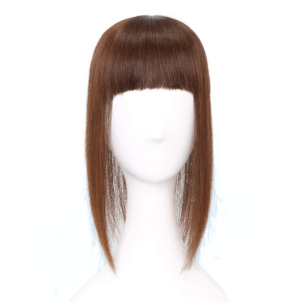 Remy Human Hair Silk Base Hairpiece with Straight Bangs, Hand Made Tied Top Hair Piece for Women with Thinning Hair, Off Black 12"