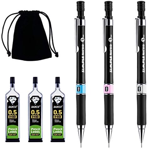 6 PCS Mechanical Pencil Set, 3 PCS HB Mechanical Pencils 0.5mm, 3 Cases Pencil Lead Refills 0.5 with Black Velvet Bag Automatic Pencil Set for Writing, Drawing, Signature