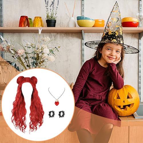 Perruque Rouge Halloween Avec Collier Et Boucles D'Oreilles - Déguisement Cosplay Pour Filles - Accessoire Festif Et Confortable