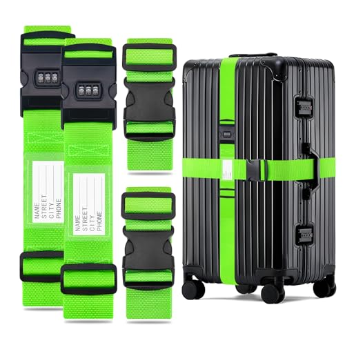 WISYOK Koffergurt mit Zahlenschloss 4 Stück Kofferband Gurt Grün Erweiterte Koffergurte Maximal 200cm+250cm Sicher Kofferbänder Robuster Koffer Gurtband Luggage Strap für Reisen und Flugreise