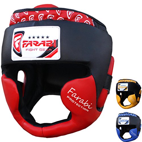 Farabi Sports Boxing headguard Real Leather Sparring Gear MMA Muay Thai Kickboxing Training Punch Head Gear (Large/X Large, Red)