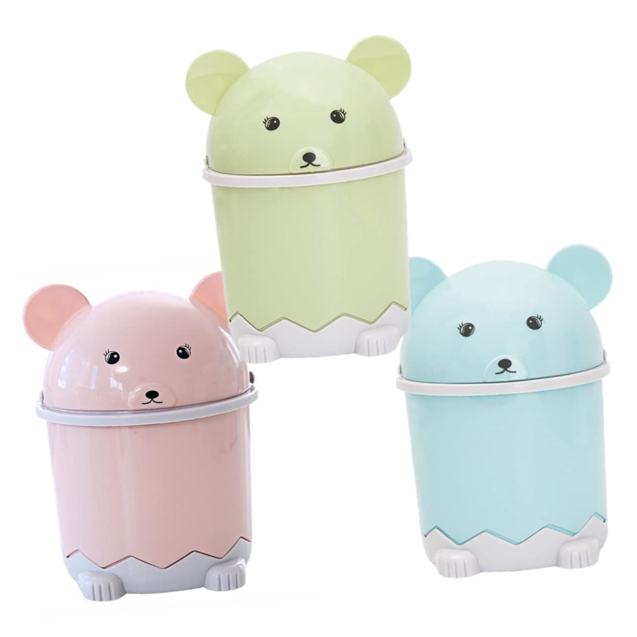 Cabilock 3Pcs Adorable Mini Desk Trash Can Cute Cartoon Garbage Bin with Lid Lightweight Storage for Home Office Bathroom