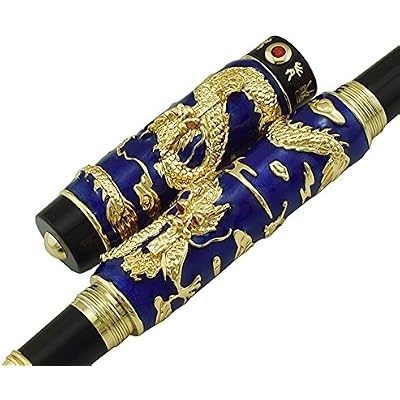 Jinhao Double Dragon Rollerball Pen Blue Cloisonne Enamel Handcraft for Signature and Collection