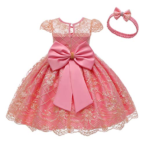 WOCINL Little Girl Christening Birthday Party Embroidered Lace Dress Princess Wedding Pageant Baptism Bowknot Gown w/Headwear Pink 12-18M
