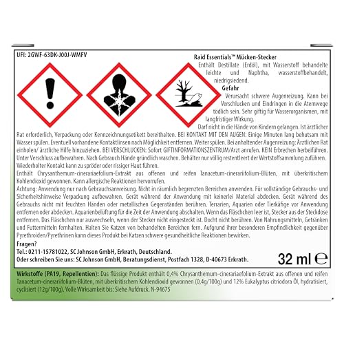 Raid Essentials Mückenstecker 45 Nächte, Elektrischer Insekten-Schutz vor Mücken & Tigermücken, mit pflanzlichen Wirkstoffen, geruchsneutral, 1er Pack (1 x 32 ml)