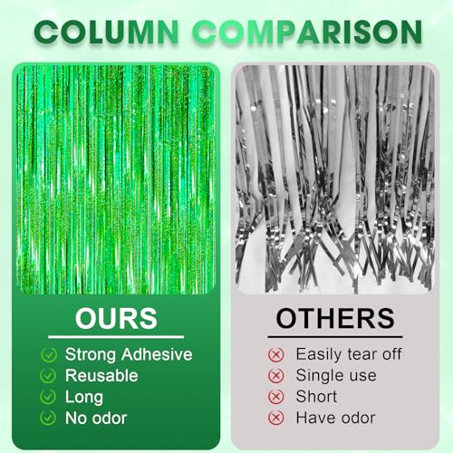 Image of Voircoloria 2 Pack Laser Green Tinsel Foil Fringe Curtains, Green Party Decorations, Metallic Tinsel Party Streamers Backdrop for Birthday Baby Shower St Patrick's Day Christmas Party Decorations