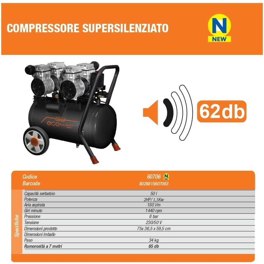 Compressore a secco super silenziato Vinco 8t 50lt EcoSilent Doppia testata