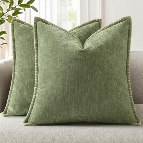 Image of decorUhome Fall Chenille Soft Cozy Throw Pillow Covers 16x16 Set of 2, Modern Farmhouse Boho Velvet Decorative Pillow Cases with Stitched Edge for Couch Sofa Bed Home Decor, Olive Green