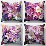 QiHon Juego de 4 Fundas de Cojín de Lino 35x35 cm, Lirios Morados Fundas de Almohada Decorativas Modernas, Funda de Cojín Sofa Cuadrados para Exterior, Jardín, Patio y Salón
