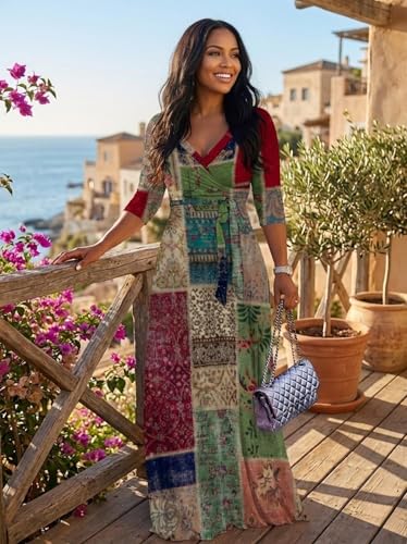Image of PinkPatty Women's Print Maxi Dresses 3 /4 Sleeve Flowy Long Dress V Neck Wrap Tie Waist Sundress