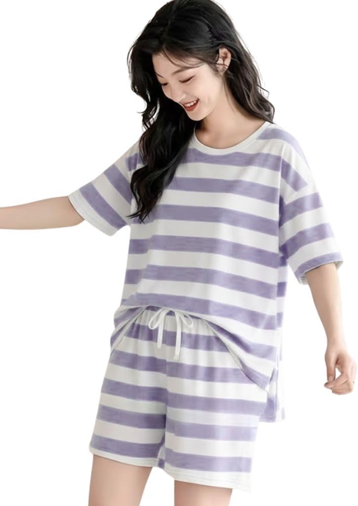 - Women Korean Shorts Pajama Set Cotton Blend Nightwear Set Top & Shorts Sleepwear Lounge Wear Soft Comfortable Night Suit Ladies Summer Night Dress Co-Ord Home Wear Set