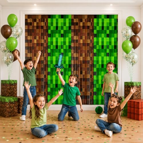 Image of 4 Pack Pixel Miner Theme Foil Fringe Curtains Video Game Birthday Decorations for Boys, Green Brown Tinsel Door Streamers for Gaming Party Photo Booth Backdrop Supplies