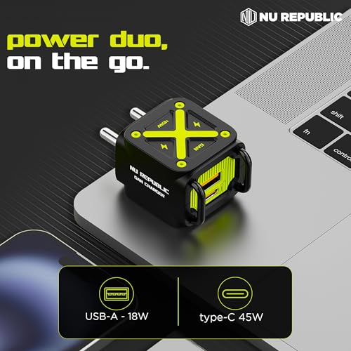 Image of Nu Republic Cybotron Cube 45W GaN Charger, Dual Output Type-C & USB-A, PD PPS Fast Charging, with Cable, for Type c Devices, Black /Yellow